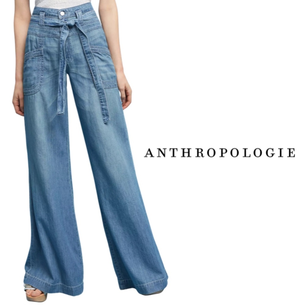 Anthropologie Light Blue Wide-Leg Tie-Waist Denim Pants